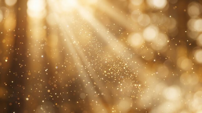 Beautiful glowing texture with abstract blurred golden background and flying dust particles