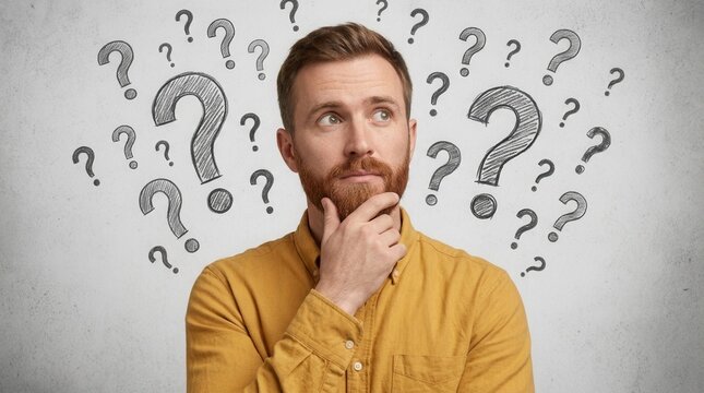 A bearded man with a thoughtful expression pondering while surrounded by hand drawn question marks on a gray wall.