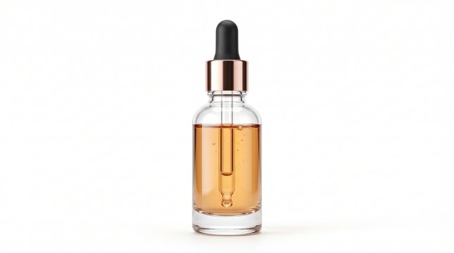 Clear glass dropper bottle with amber serum, cosmetic oil vial with gold cap, luxury skincare product mockup on white background