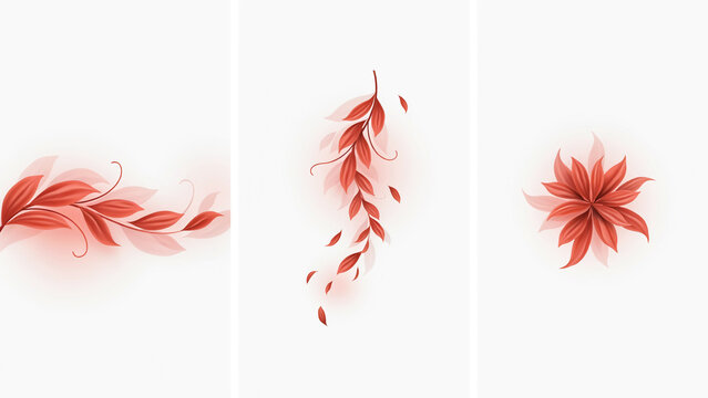 Set of three botanical featuring red leaves and floral on white