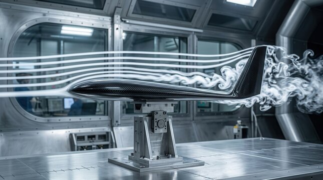 Carbon fiber airplane wing model in a modern wind tunnel facility showing white smoke trail airflow for aerodynamics testing.