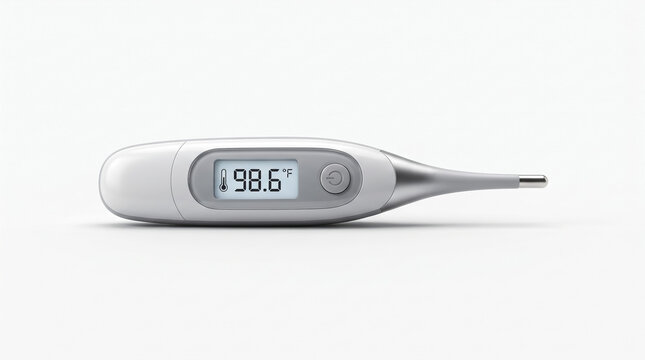 Digital thermometer displaying normal human body temperature in degrees fahrenheit isolated on a clean white background featuring sleek modern design and precise electronic measurement technology for 