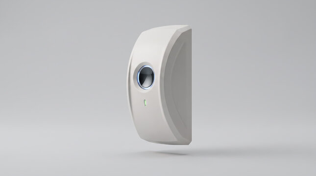 Modern white biometric wall reader featuring glowing blue light sensor and small green indicator LED isolated against clean gray background for advanced secure access control smart home security techn