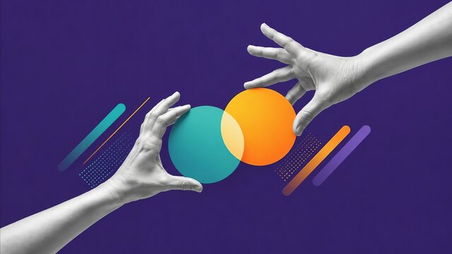 Two hands touching colorful overlapping circles in a modern abstract design