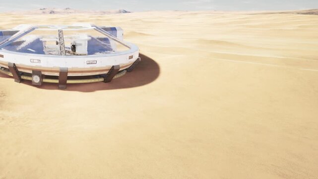 A spacecraft is positioned on a vast sandy landscape with no signs of life around. The scene shows the ship facing the camera and the distant horizon is visible.