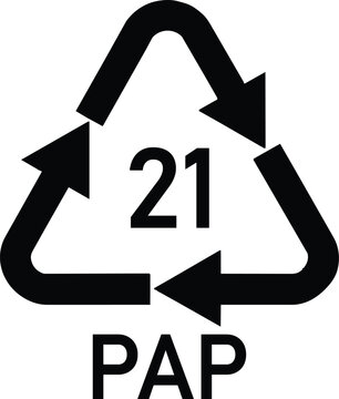Recycle PAP 21 symbol for non-corrugated fiberboard. Black paper recycling icon with arrows. Eco-friendly packaging sign.