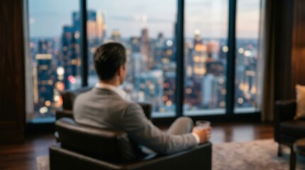 Fototapeta premium Business professional sits in a leather armchair while holding a glass of whiskey, looking out at the city skyline from a high-rise office window during the evening twilight.