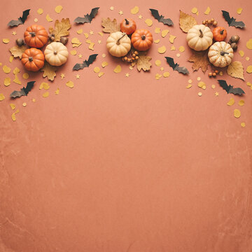 Fall pumpkin composition with black paper bats and gold star confetti for spooky holidays.