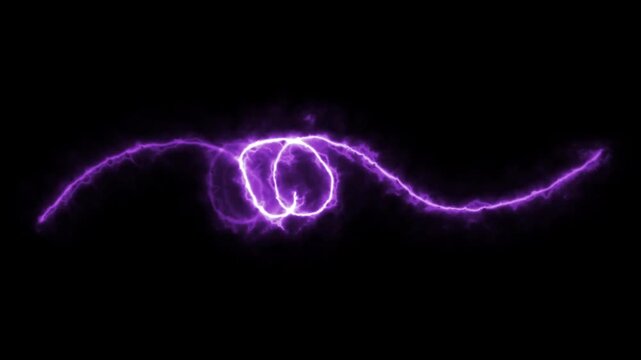 Purple electric spiral featuring bright glowing plasma energy loops moving smoothly across a dark background. 4K animation.