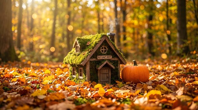 A miniature wooden cottage sits surrounded by fallen autumn leaves and a pumpkin in the forest