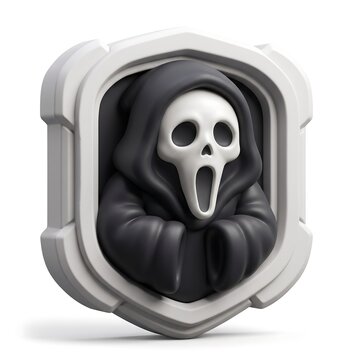 3D Scary ghost mask with black hood inside a decorative frame emblem halloween emblem scary face screaming mas