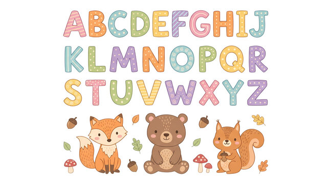 Cute cartoon woodland animals and colorful alphabet letters for kids education.