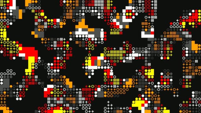 Abstract pixel pattern with chaotic motion of colorful geometric shapes background texture loop ready footage.