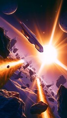 Fototapeta premium Cinematic anime voyage of a futuristic spacecraft navigating a glowing asteroid belt toward a star
