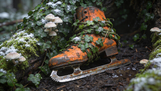 Old rusty ice skate with a corroded blade overgrown with green ivy vines and wild mushrooms in a snowy forest. Nature reclaiming object concept.
