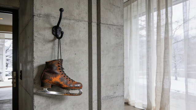 Old brown rusty figure ice skate hanging on a hook on a modern concrete wall near a window with a snowy winter view. Decorative vintage object.