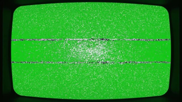 Vibrant green static, visual noise, and glitch on vintage retro television screen. Digital interference and signal disruption evoke lost connection