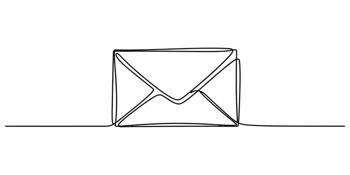 Minimalist continuous line art of classic post mail envelope representing digital correspondence, message symbol, and online communication design template.