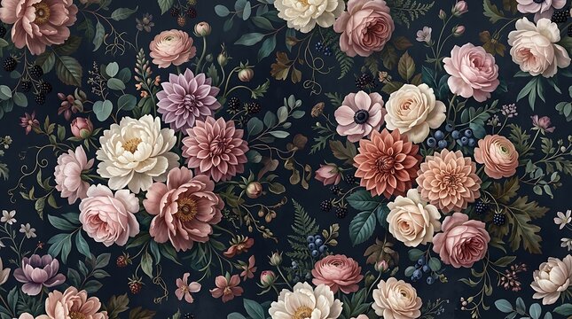 Vintage style floral pattern with blooming peonies and roses on a dark moody background for elegant textile design
