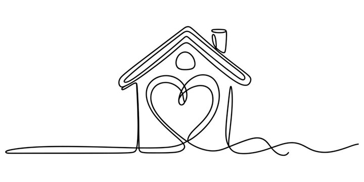 Continuous line art of house silhouette with heart shape in center minimalist black drawing for home love real estate or family property concept vector.