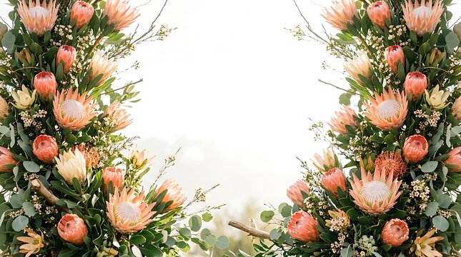 Beautiful floral archway made of pink protea flowers and green eucalyptus leaves with a bright white copy space background