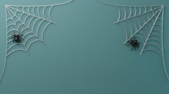 Top view of spooky artificial spider webs with black spiders placed in corners for a festive halloween party background