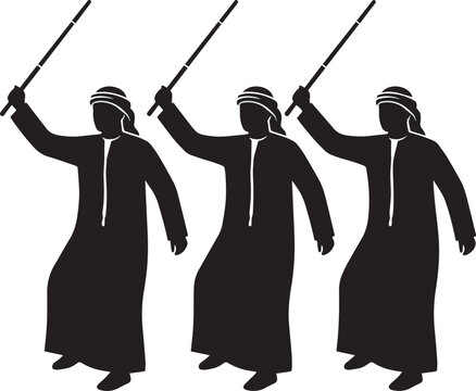 Silhouette of three arab men dancing with sticks uae national day
