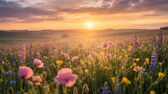 Beautiful wildflower meadow filled with pink poppies and yellow flowers glowing under a warm golden sunset sky