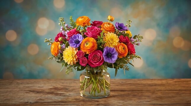 A vibrant bouquet of colorful flowers in a glass vase sitting on a rustic wooden table with bokeh background