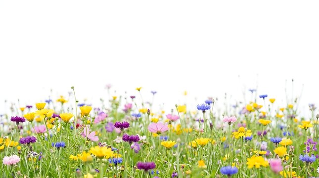 Beautiful colorful wildflower meadow isolated on white background with copy space for your design and text