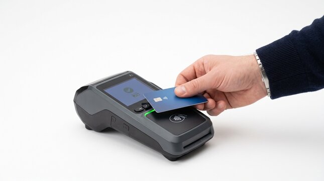 Hand holding contactless credit card near payment terminal for transaction