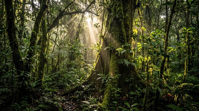 Sunlight streams through a lush, moss-covered rainforest canopy illuminating ancient trees and dense foliage