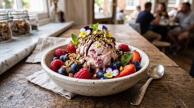Delicioso sorvete de frutas vermelhas com granola e flores comest&iacute;veis em uma tigela r&uacute;stica