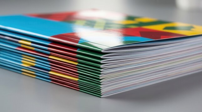 Professional brochure covers after lamination, featuring a neat pile of highsheen coated catalog sheets with crisp text and sharp colors.