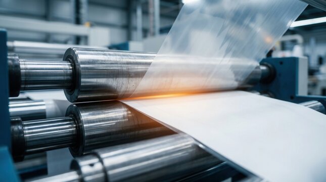 Large format packaging production featuring high-speed laminator pressure rollers fusing wide web plastic film and paper
