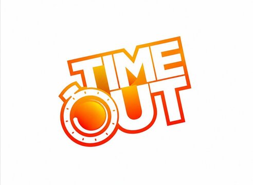 Bright orange time out logo with stylized text and clock design