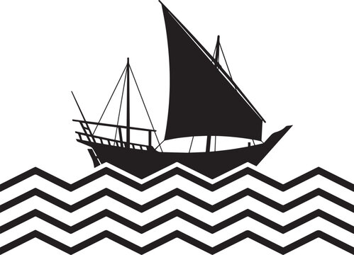 Silhouette of a traditional dhow boat sailing on stylized waves uae national day