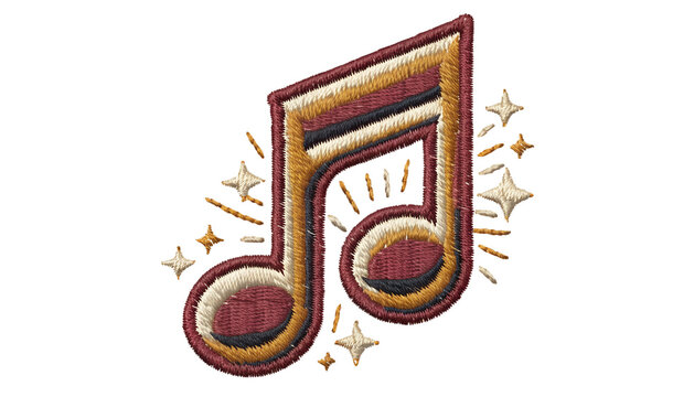 Vintage embroidered musical note patch, bold classic eighth note surrounded by small decorative stars and subtle rays, detailed layered thread embroidery, textured woven fabric, thick raised embroider