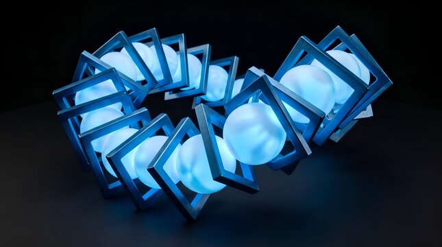 Blue glowing glowing orbs inside square metal frames