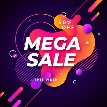 Vibrant mega sale promotion banner with 50 percent off discount offer this week