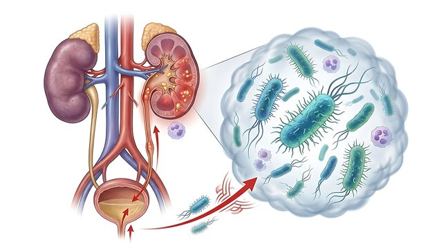Medical illustration showing the progression of a urinary tract infection from the bladder to the kidneys with bacterial colonization