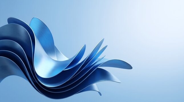 Abstract blue metallic curved waves on light background