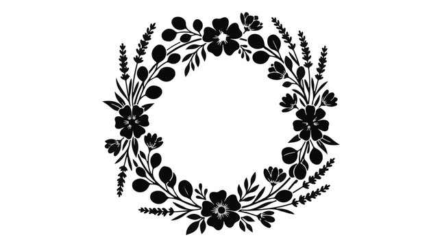 Cad tree lines Boho flower black wreath illustration. Floral circle wreath design. Black botanical garland logo. Circular plant arrangement graphic. vactor
