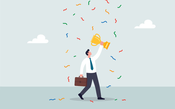 Businessman holding golden trophy cup celebrating success with colorful confetti