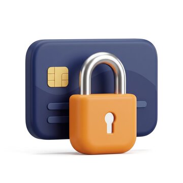 3D icon of a yellow padlock on a credit card representing account security with financial data