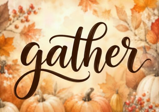 An elegant script spells out the word 'gather,' framed by a beautiful arrangement of pumpkins and autumn leaves in warm colors that evoke a sense of coziness and togetherness