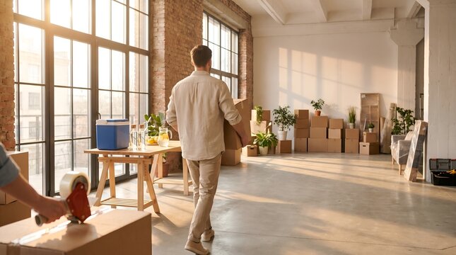 Man walking through spacious sunny loft with moving boxes