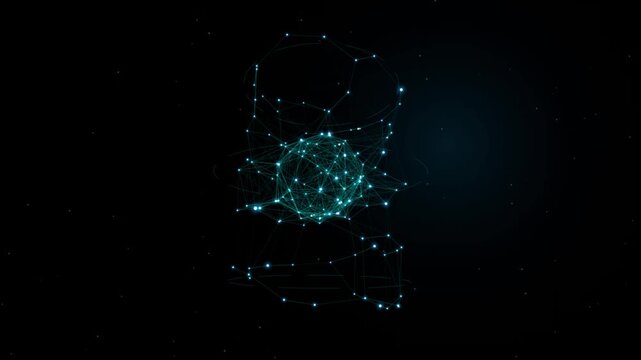 Dynamic 3D digital brain or energy core rotating in a data containment field. Cyberspace server processing and neural network animation on a dark background.