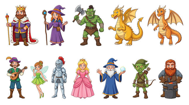 Fantasy characters king wizard fairy knight princess dragon orc elf dwarf.