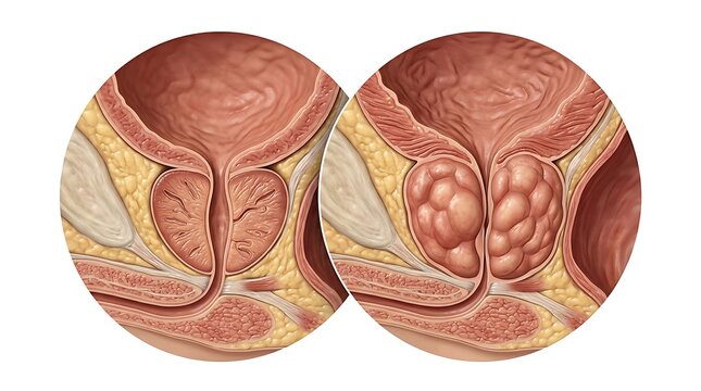 Medical illustration of a healthy prostate gland compared to an enlarged prostate gland showing benign prostatic hyperplasia in a male anatomy cross section